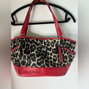 Coach ocelot leopard red Carrie tote handbag